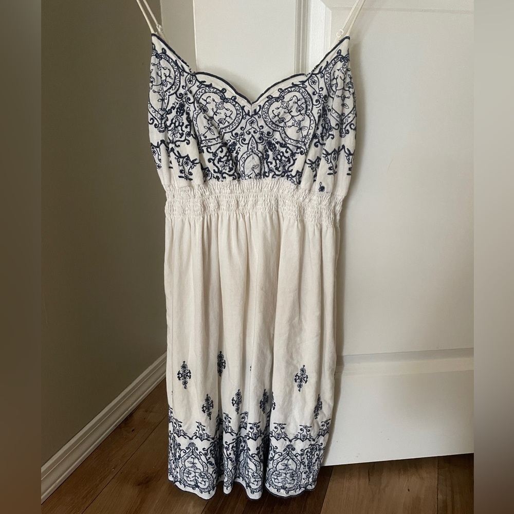 White and Blue Embroidered Sundress Smocked Waist Flowy Mini